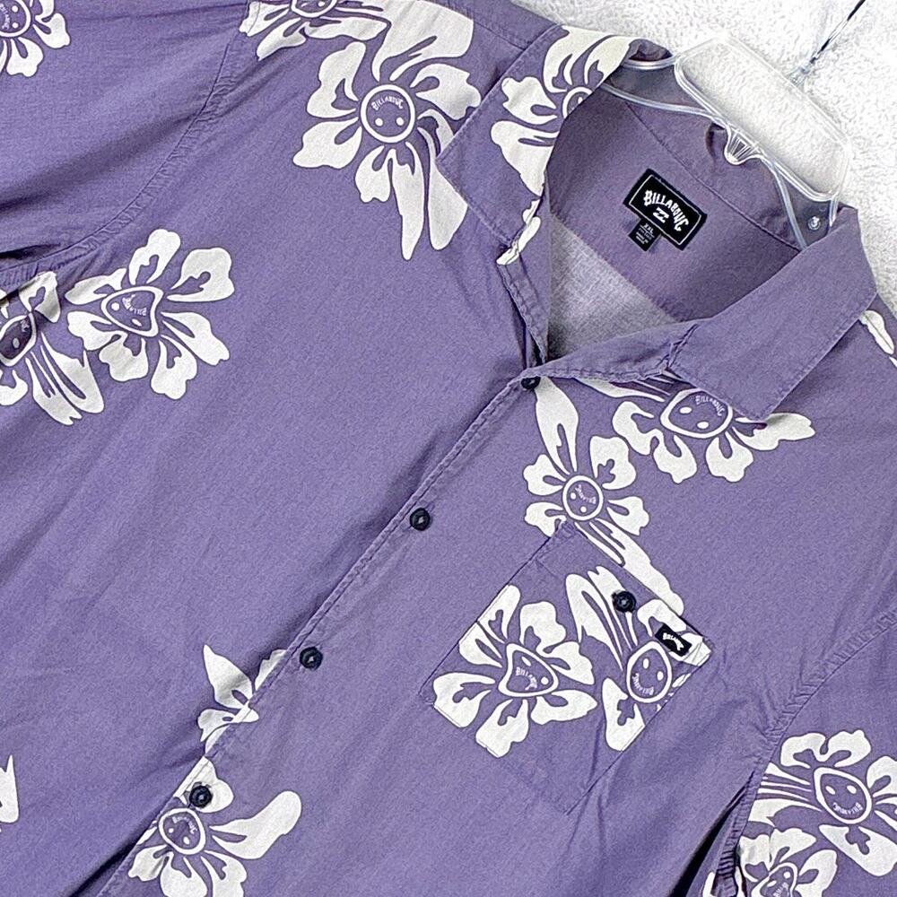 VTG Billabong Hawaiian Camp Shirt Mens XXL Purple Smiley Floral Beach Aloha Y2K